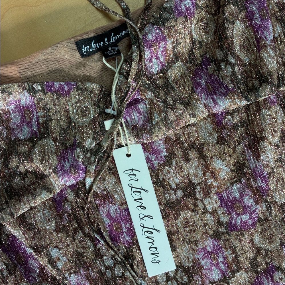 For Love & Lemons Purple Metallic Floral Long Sleeve Maxi Dress - Picture 2 of 3